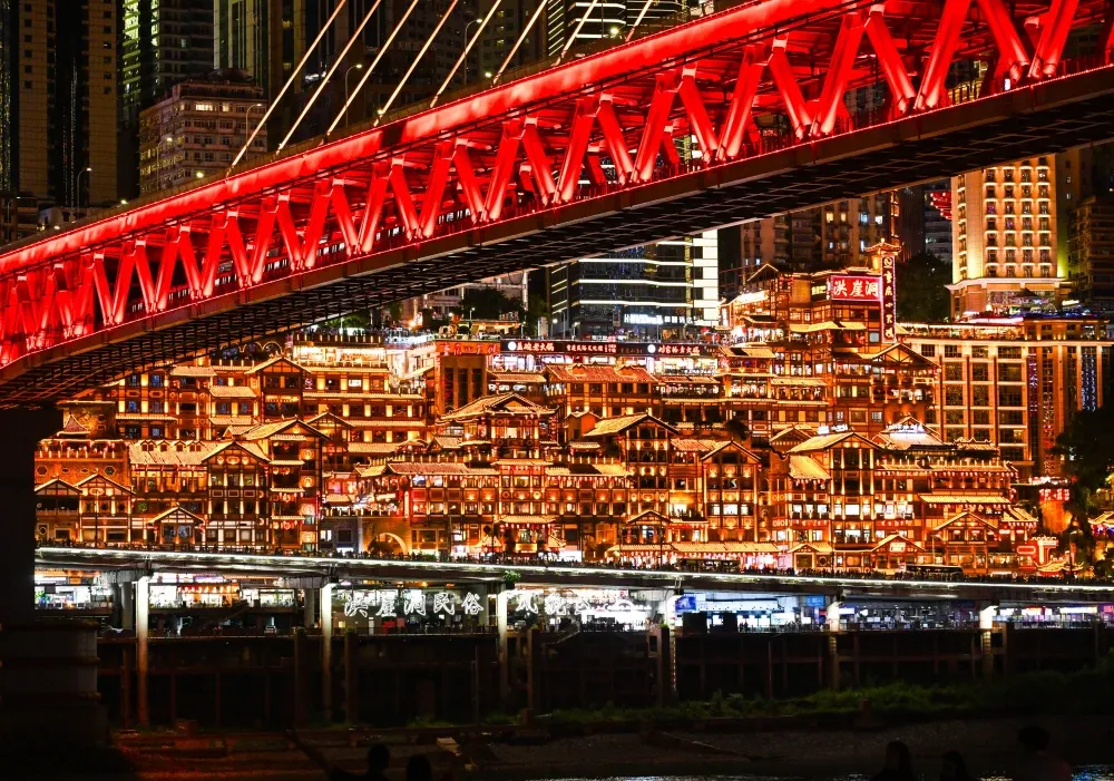 Hongya Cave night view - Chongqing's iconic stilt-house landmark illuminated at night